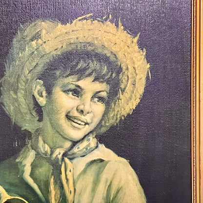 Vintage Mid Century Country Boy Print On Board Plate Signed Tovine Gilt Framed