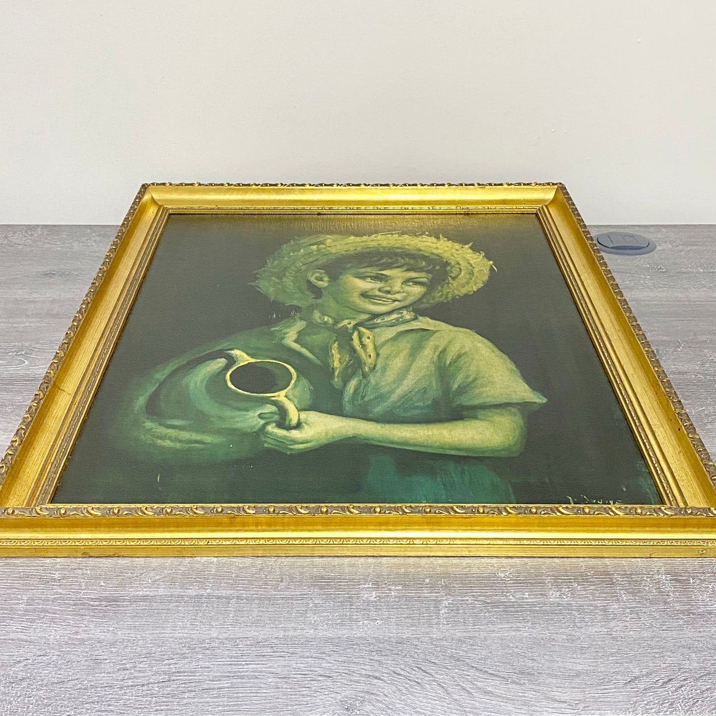 Vintage Mid Century Country Boy Print On Board Plate Signed Tovine Gilt Framed