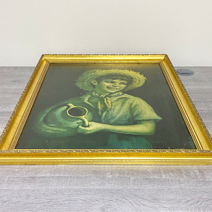 Vintage Mid Century Country Boy Print On Board Plate Signed Tovine Gilt Framed