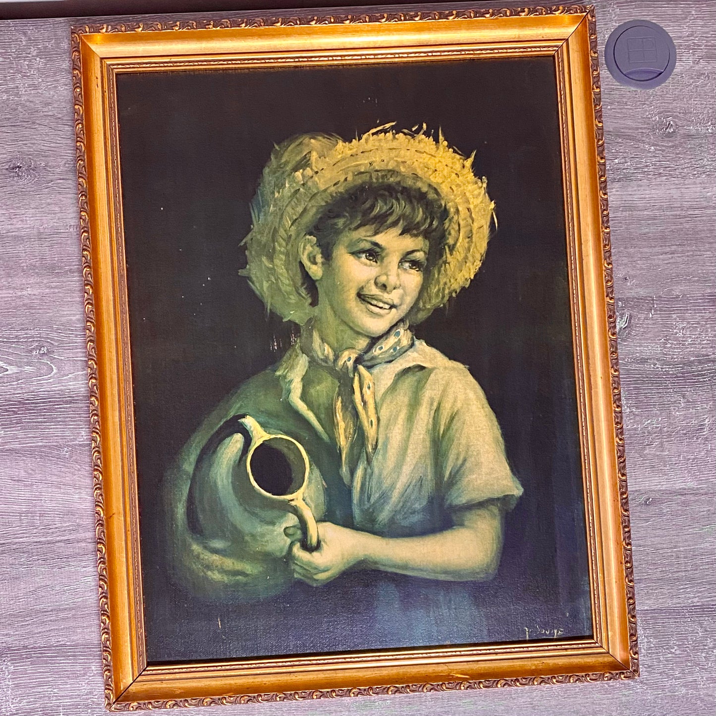 Vintage Mid Century Country Boy Print On Board Plate Signed Tovine Gilt Framed