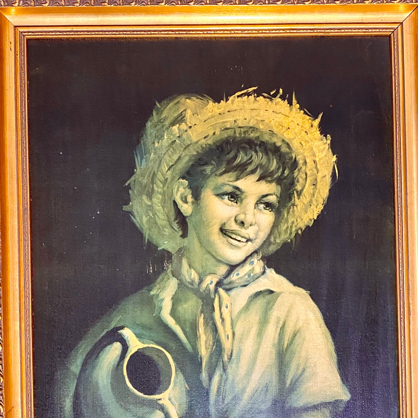 Vintage Mid Century Country Boy Print On Board Plate Signed Tovine Gilt Framed