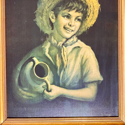 Vintage Mid Century Country Boy Print On Board Plate Signed Tovine Gilt Framed