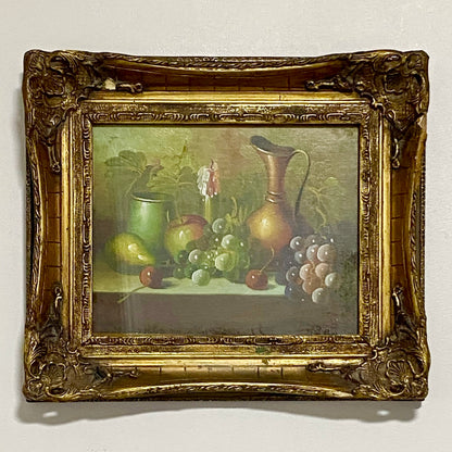 Vintage Fruit Pitcher With Candle Oil On Canvas Painting Gilt Framed & Glazed