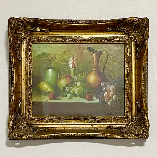 Vintage Fruit Pitcher With Candle Oil On Canvas Painting Gilt Framed & Glazed
