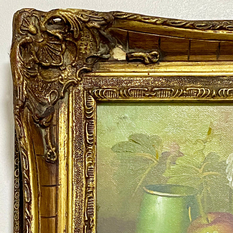 Vintage Fruit Pitcher With Candle Oil On Canvas Painting Gilt Framed & Glazed