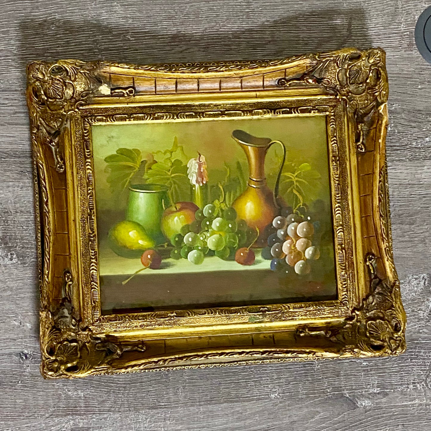 Vintage Fruit Pitcher With Candle Oil On Canvas Painting Gilt Framed & Glazed