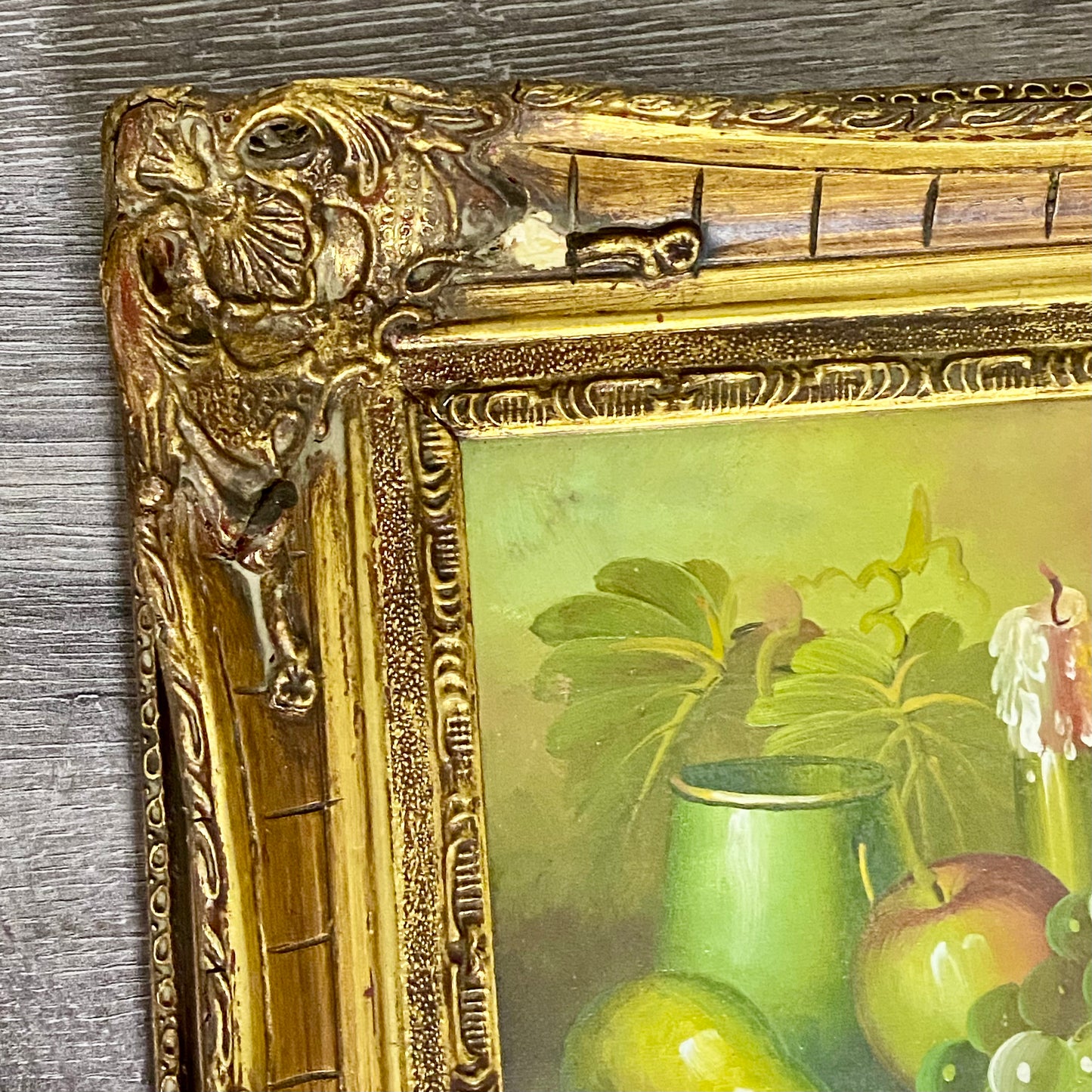 Vintage Fruit Pitcher With Candle Oil On Canvas Painting Gilt Framed & Glazed