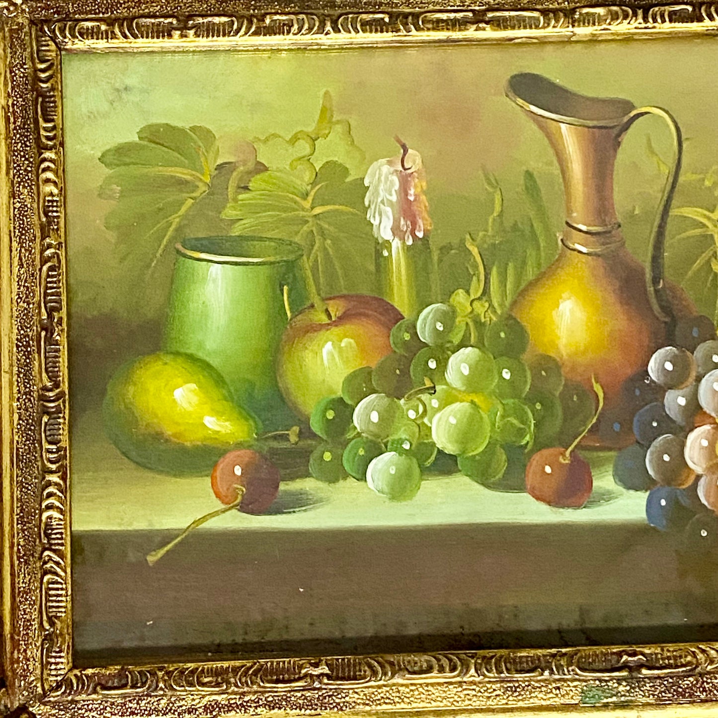 Vintage Fruit Pitcher With Candle Oil On Canvas Painting Gilt Framed & Glazed