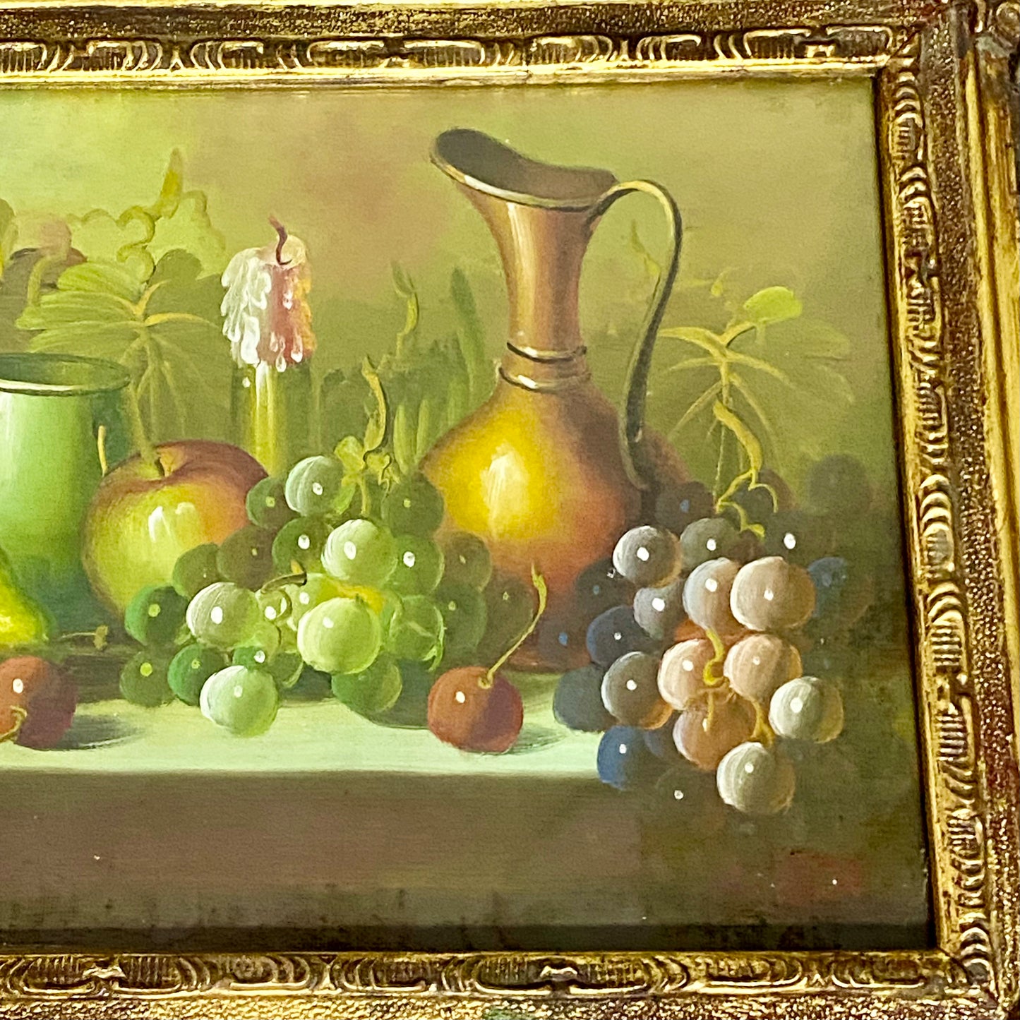 Vintage Fruit Pitcher With Candle Oil On Canvas Painting Gilt Framed & Glazed