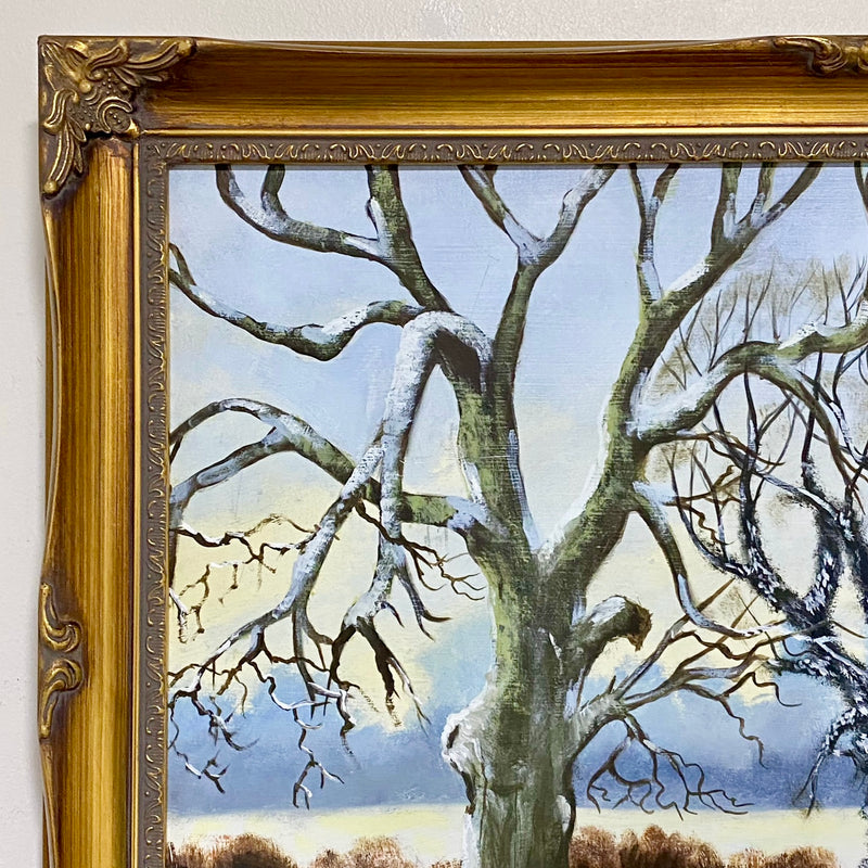 Vintage Rural Snow Field Tree Cottage Scene Painting On Board Signed Gilt Framed