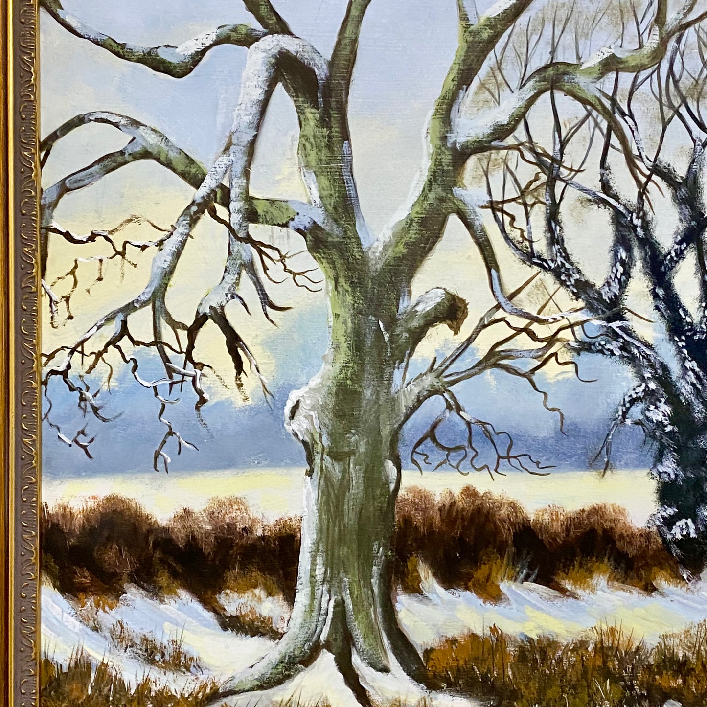 Vintage Rural Snow Field Tree Cottage Scene Painting On Board Signed Gilt Framed