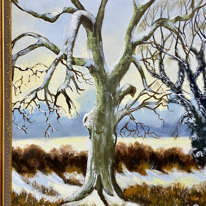 Vintage Rural Snow Field Tree Cottage Scene Painting On Board Signed Gilt Framed