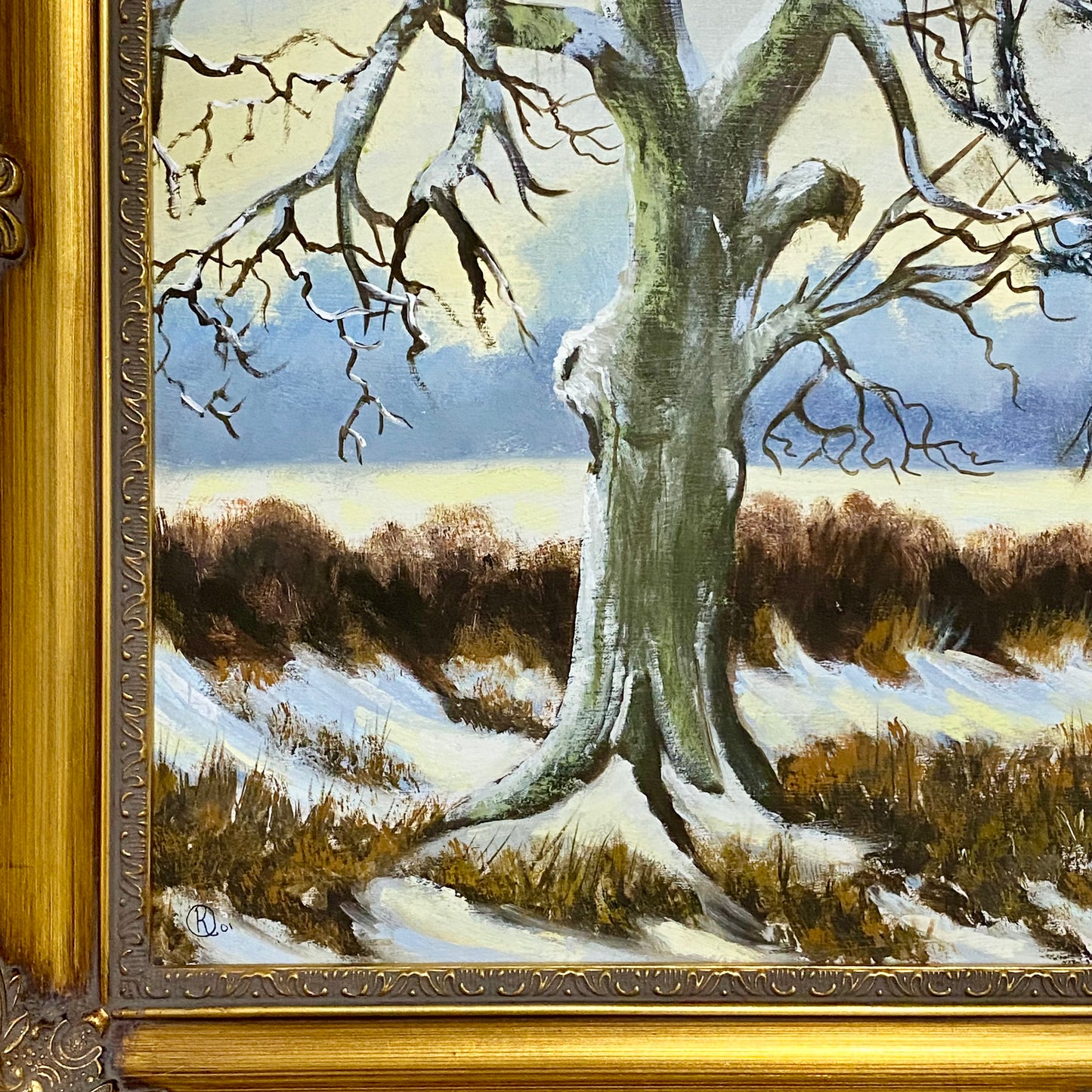 Vintage Rural Snow Field Tree Cottage Scene Painting On Board Signed Gilt Framed