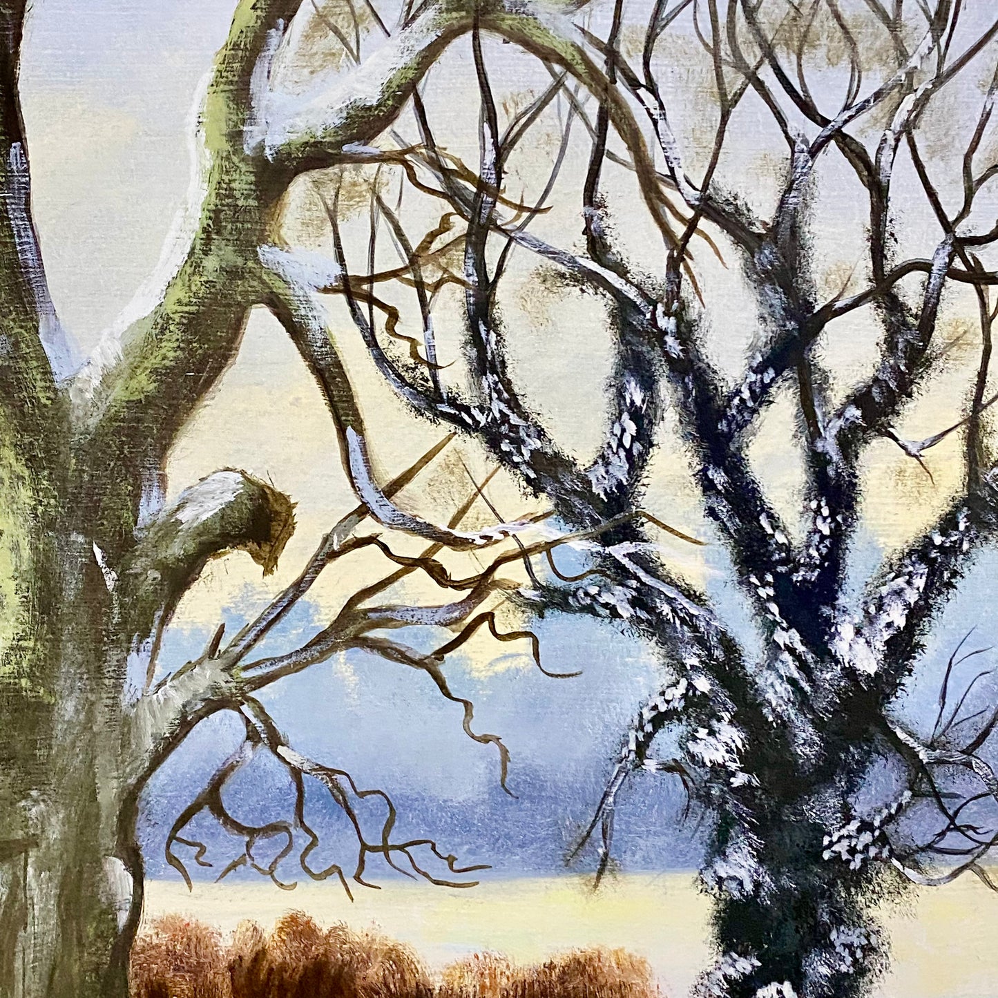 Vintage Rural Snow Field Tree Cottage Scene Painting On Board Signed Gilt Framed