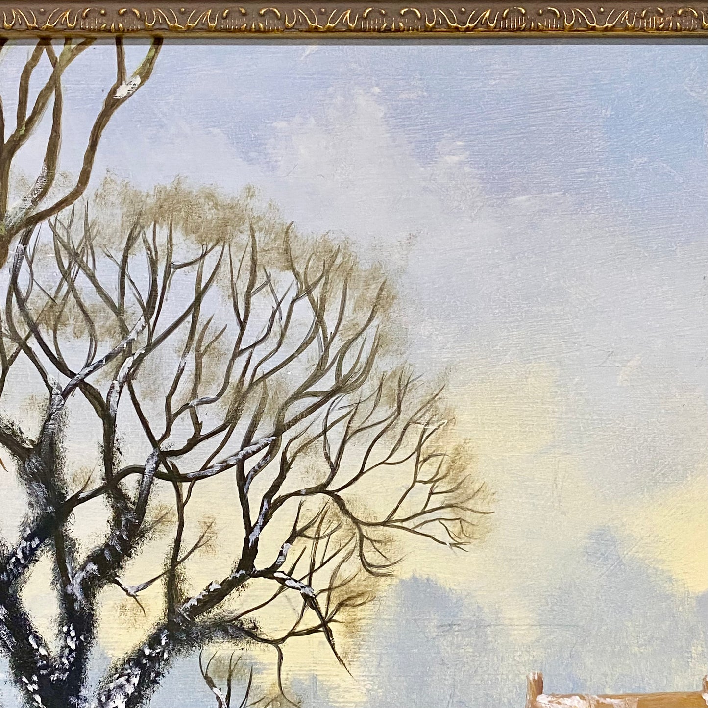 Vintage Rural Snow Field Tree Cottage Scene Painting On Board Signed Gilt Framed