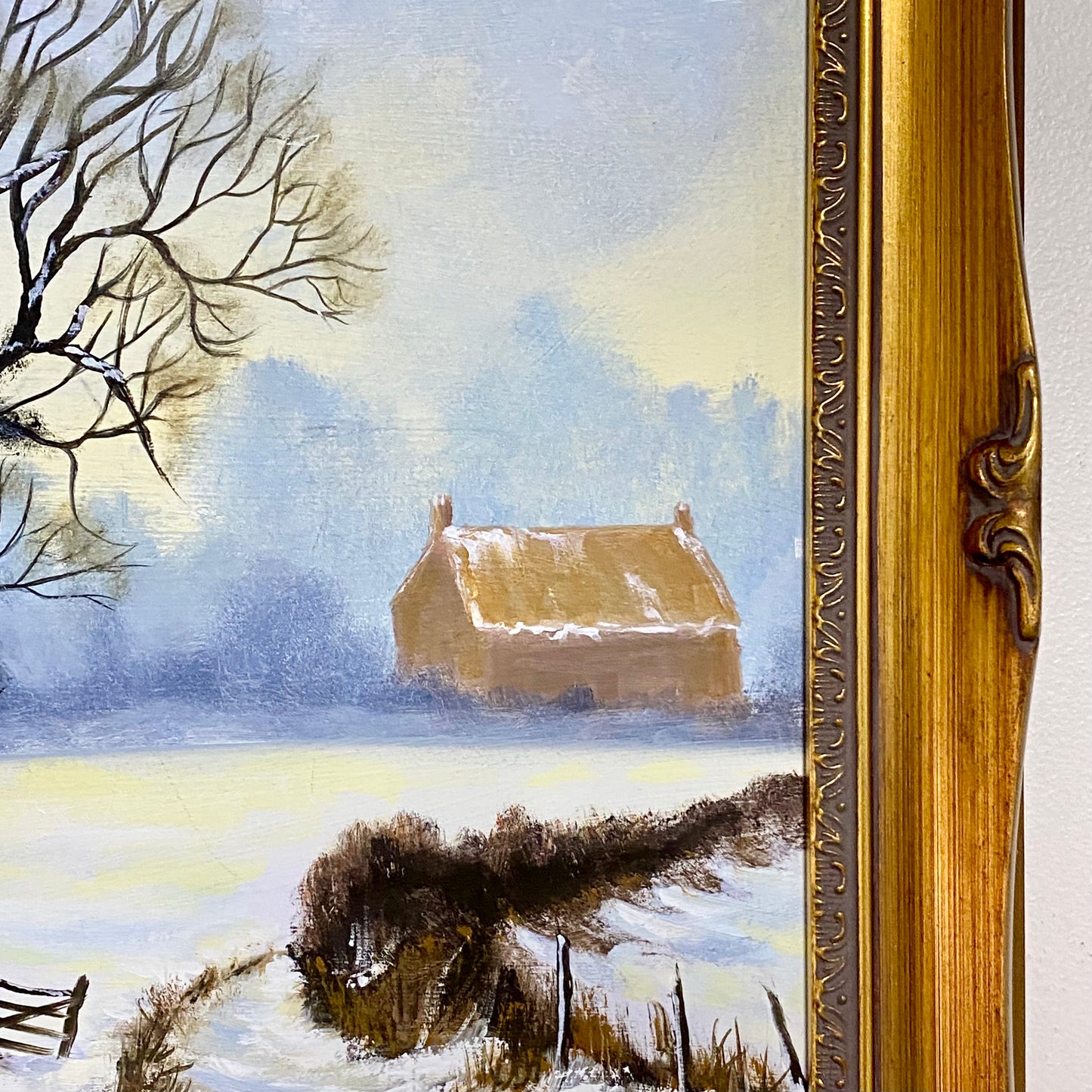 Vintage Rural Snow Field Tree Cottage Scene Painting On Board Signed Gilt Framed
