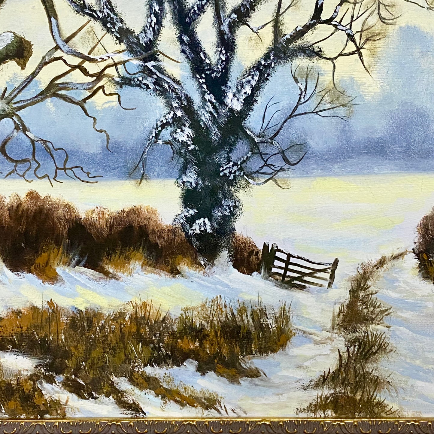 Vintage Rural Snow Field Tree Cottage Scene Painting On Board Signed Gilt Framed