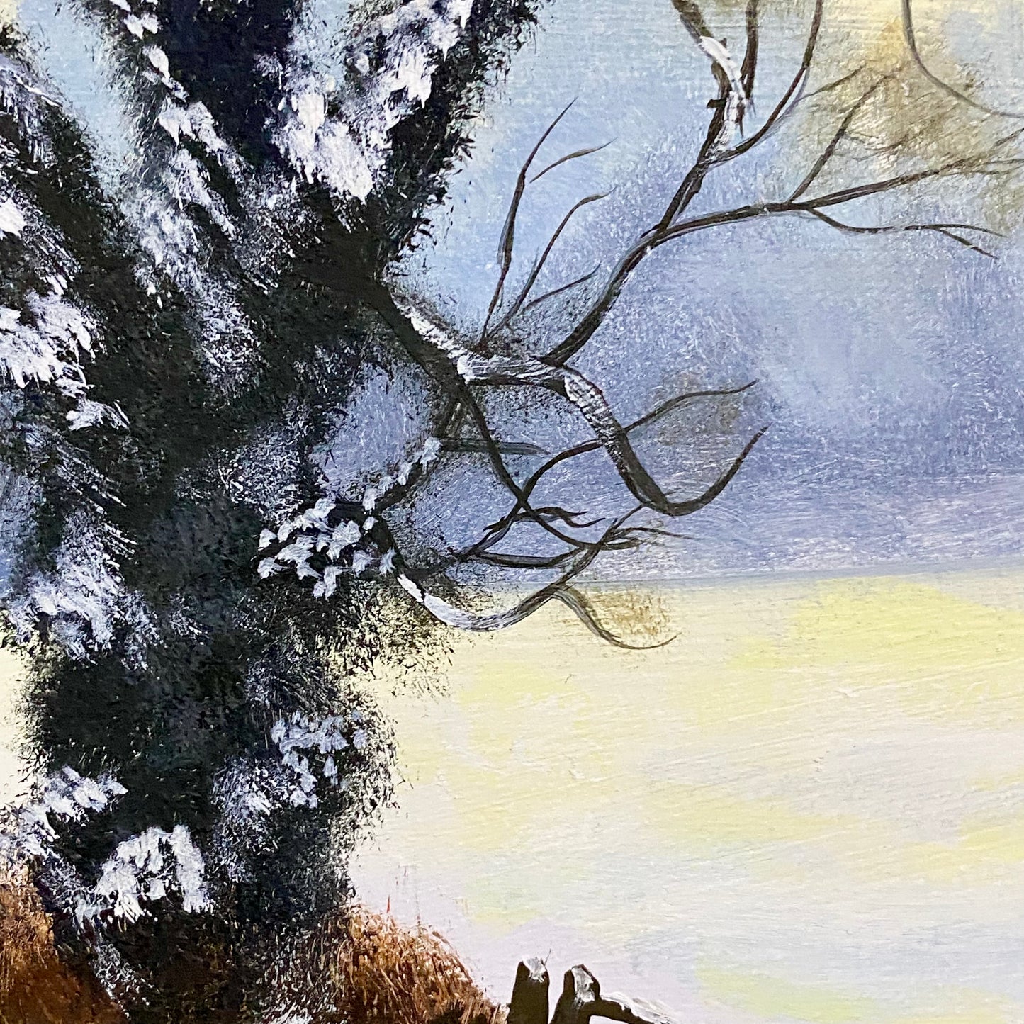 Vintage Rural Snow Field Tree Cottage Scene Painting On Board Signed Gilt Framed