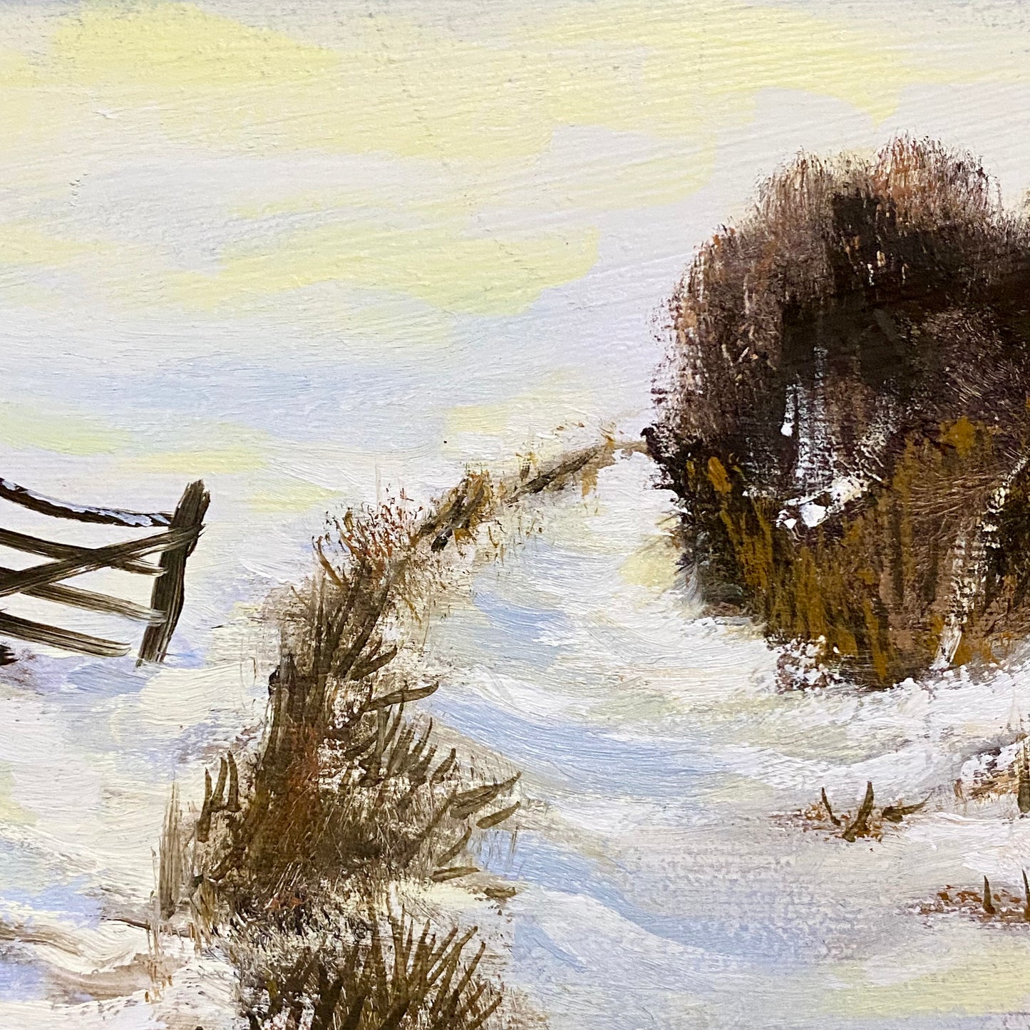 Vintage Rural Snow Field Tree Cottage Scene Painting On Board Signed Gilt Framed