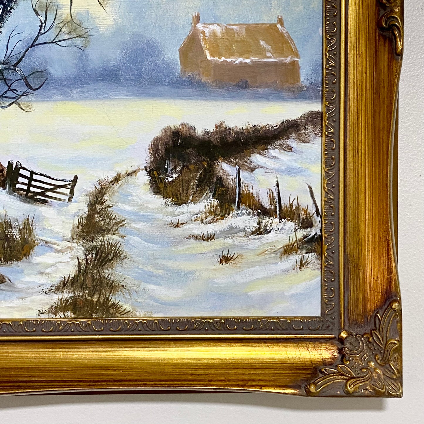 Vintage Rural Snow Field Tree Cottage Scene Painting On Board Signed Gilt Framed