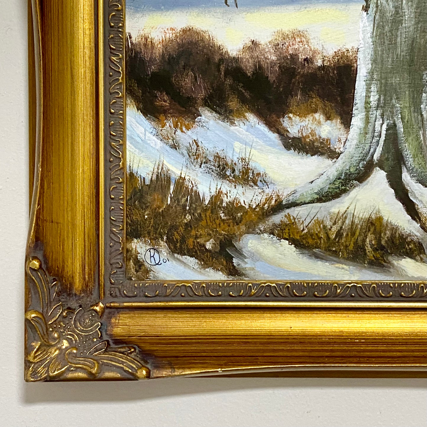 Vintage Rural Snow Field Tree Cottage Scene Painting On Board Signed Gilt Framed