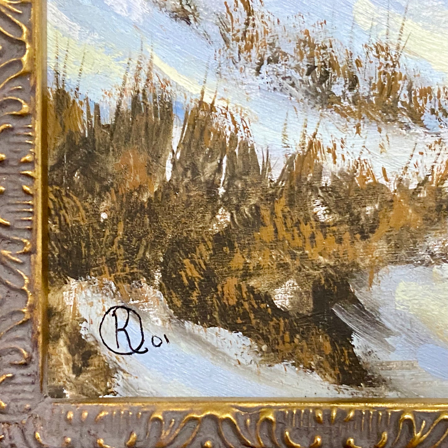 Vintage Rural Snow Field Tree Cottage Scene Painting On Board Signed Gilt Framed