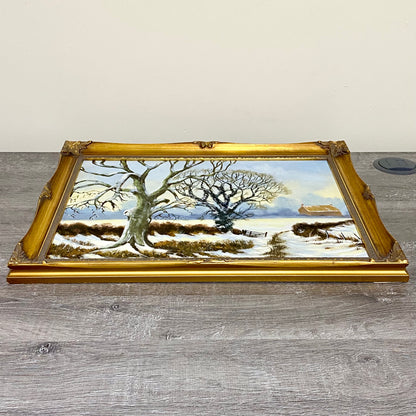 Vintage Rural Snow Field Tree Cottage Scene Painting On Board Signed Gilt Framed