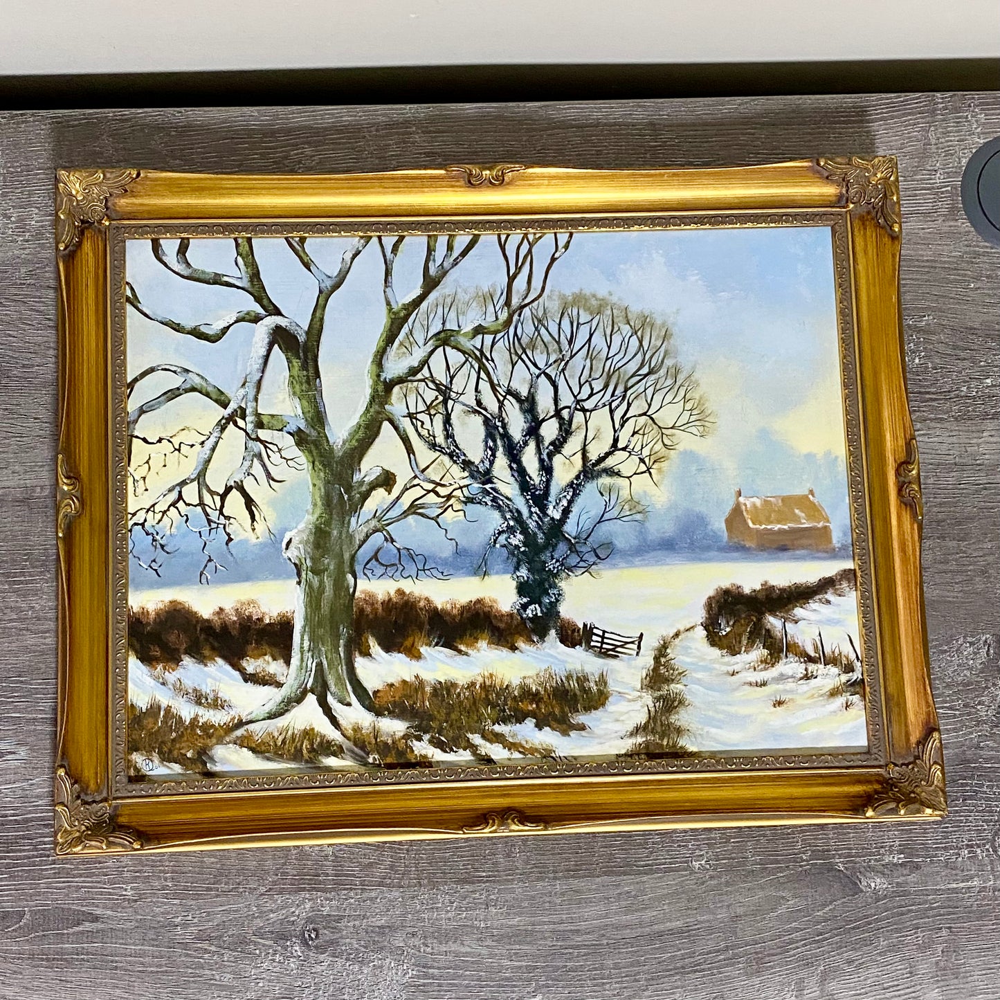 Vintage Rural Snow Field Tree Cottage Scene Painting On Board Signed Gilt Framed