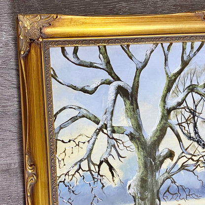 Vintage Rural Snow Field Tree Cottage Scene Painting On Board Signed Gilt Framed