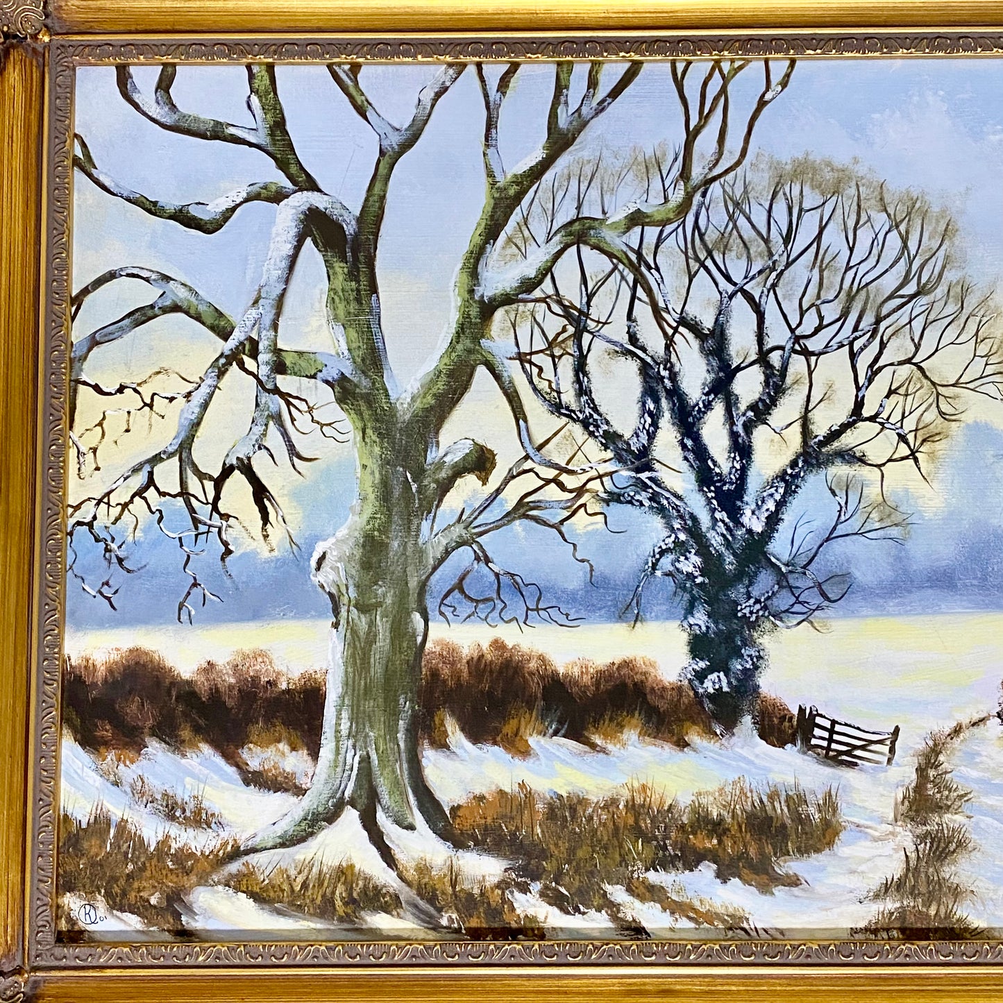 Vintage Rural Snow Field Tree Cottage Scene Painting On Board Signed Gilt Framed