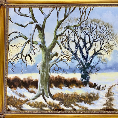 Vintage Rural Snow Field Tree Cottage Scene Painting On Board Signed Gilt Framed