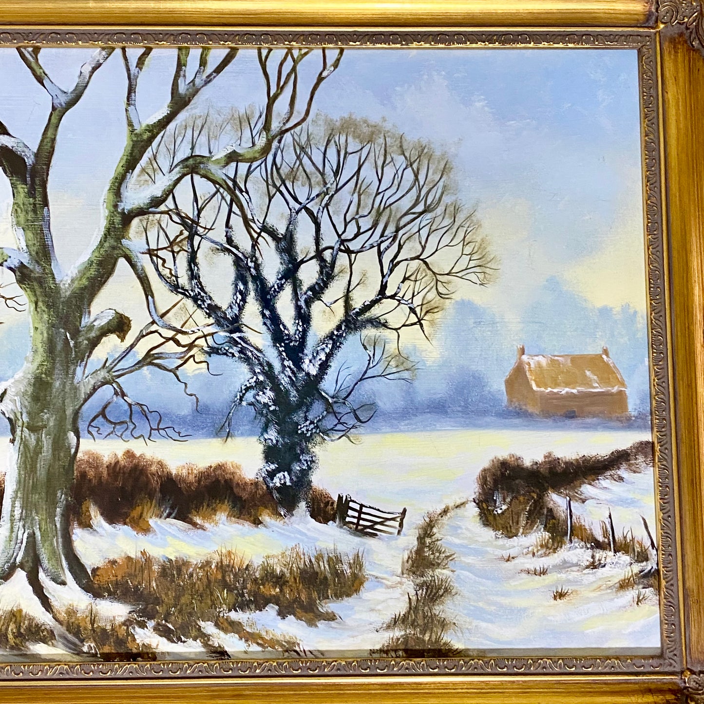 Vintage Rural Snow Field Tree Cottage Scene Painting On Board Signed Gilt Framed