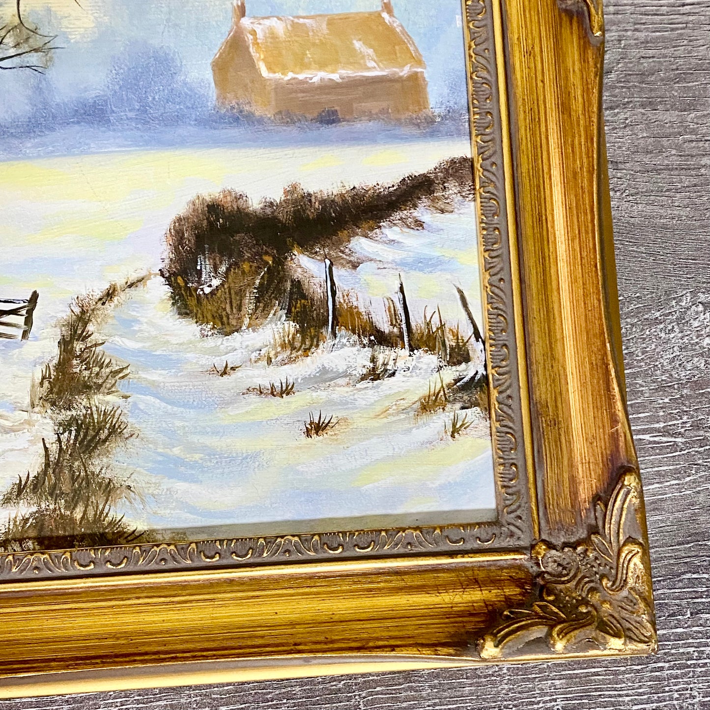 Vintage Rural Snow Field Tree Cottage Scene Painting On Board Signed Gilt Framed