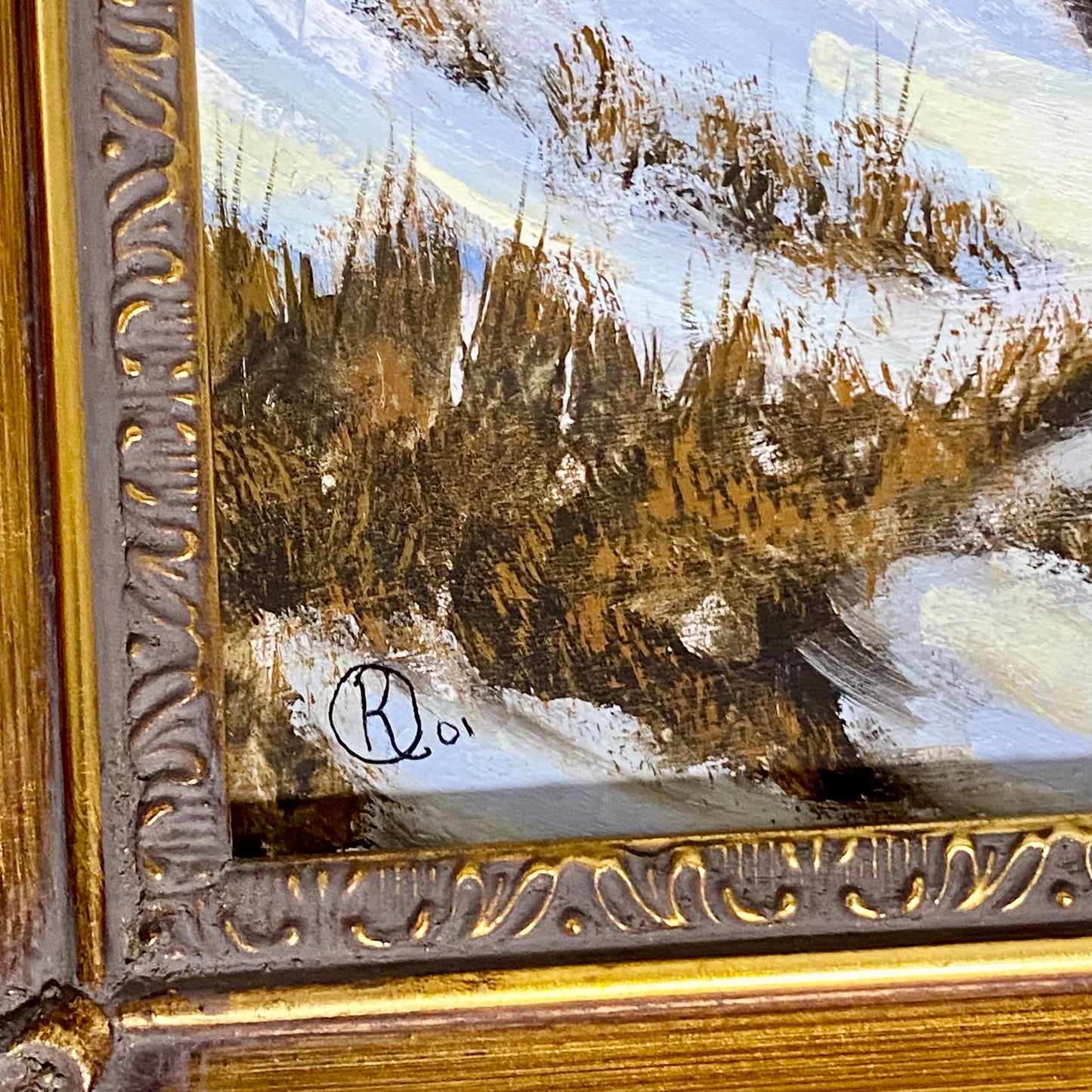 Vintage Rural Snow Field Tree Cottage Scene Painting On Board Signed Gilt Framed