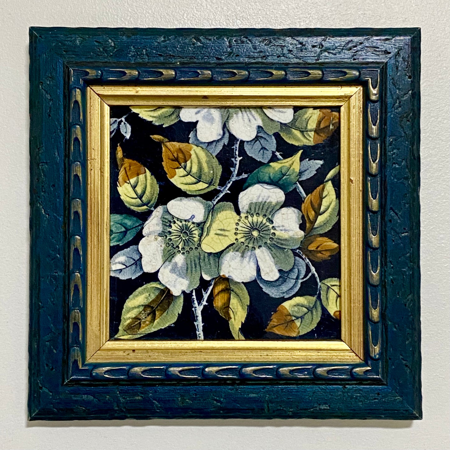 Antique Botanical Floral Flower Ceramic Tile Decorative Art Wooden Framed Rare