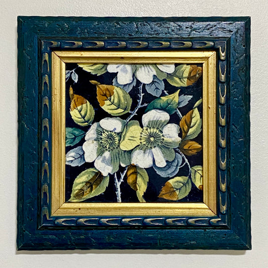 Antique Botanical Floral Flower Ceramic Tile Decorative Art Wooden Framed Rare