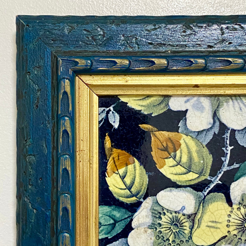 Antique Botanical Floral Flower Ceramic Tile Decorative Art Wooden Framed Rare