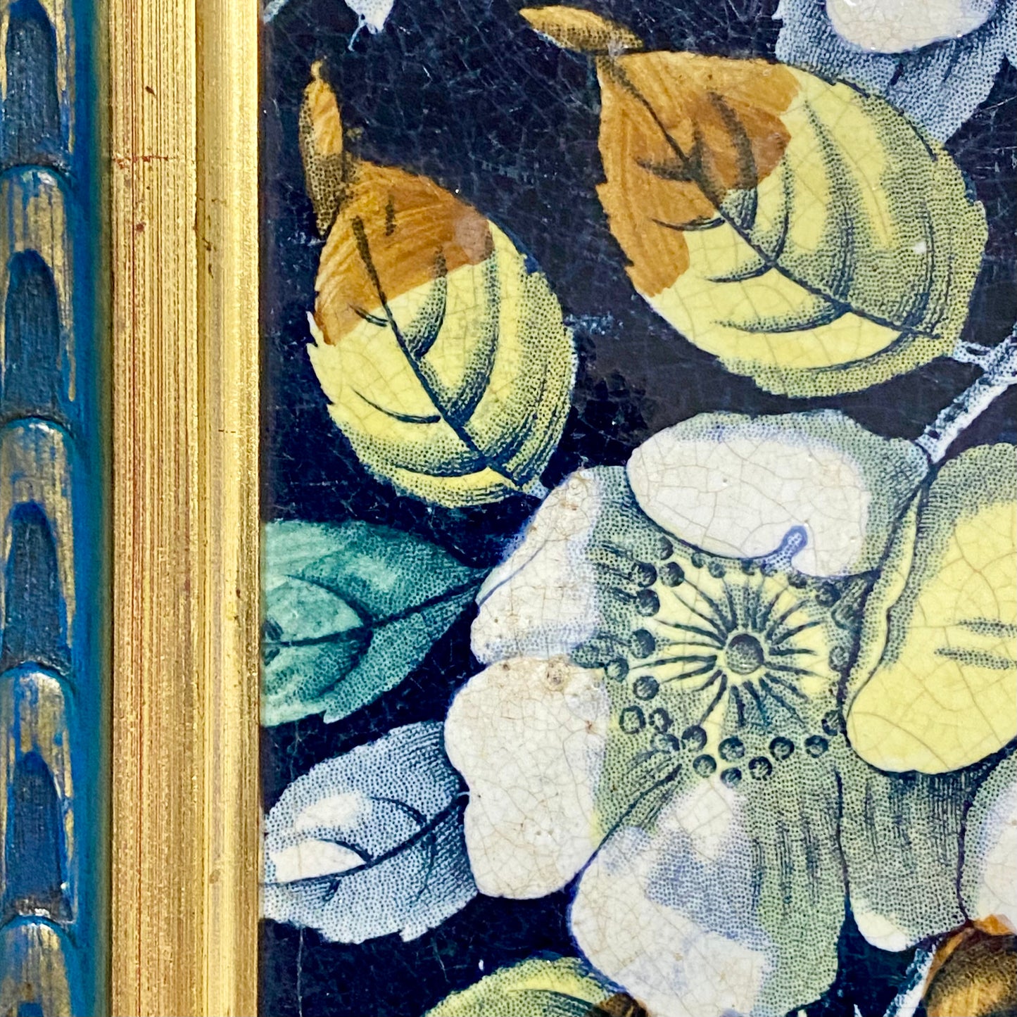 Antique Botanical Floral Flower Ceramic Tile Decorative Art Wooden Framed Rare