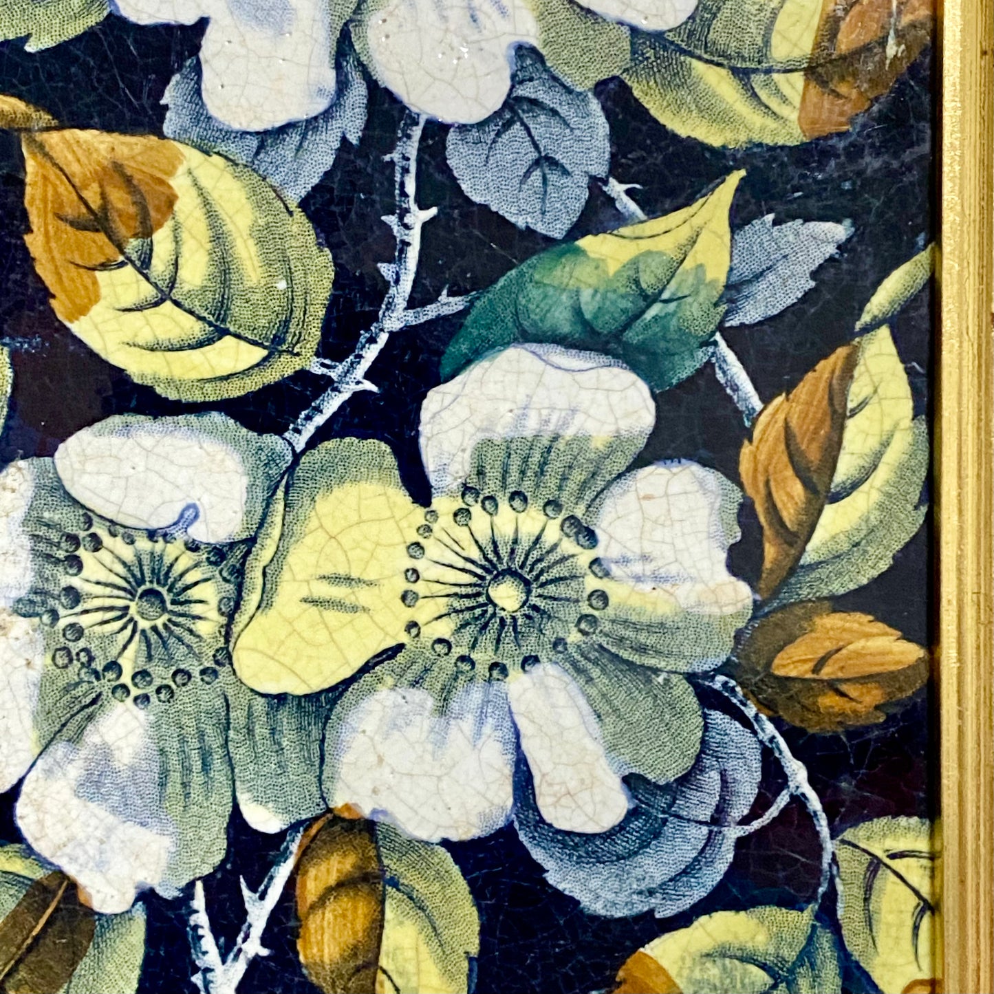 Antique Botanical Floral Flower Ceramic Tile Decorative Art Wooden Framed Rare