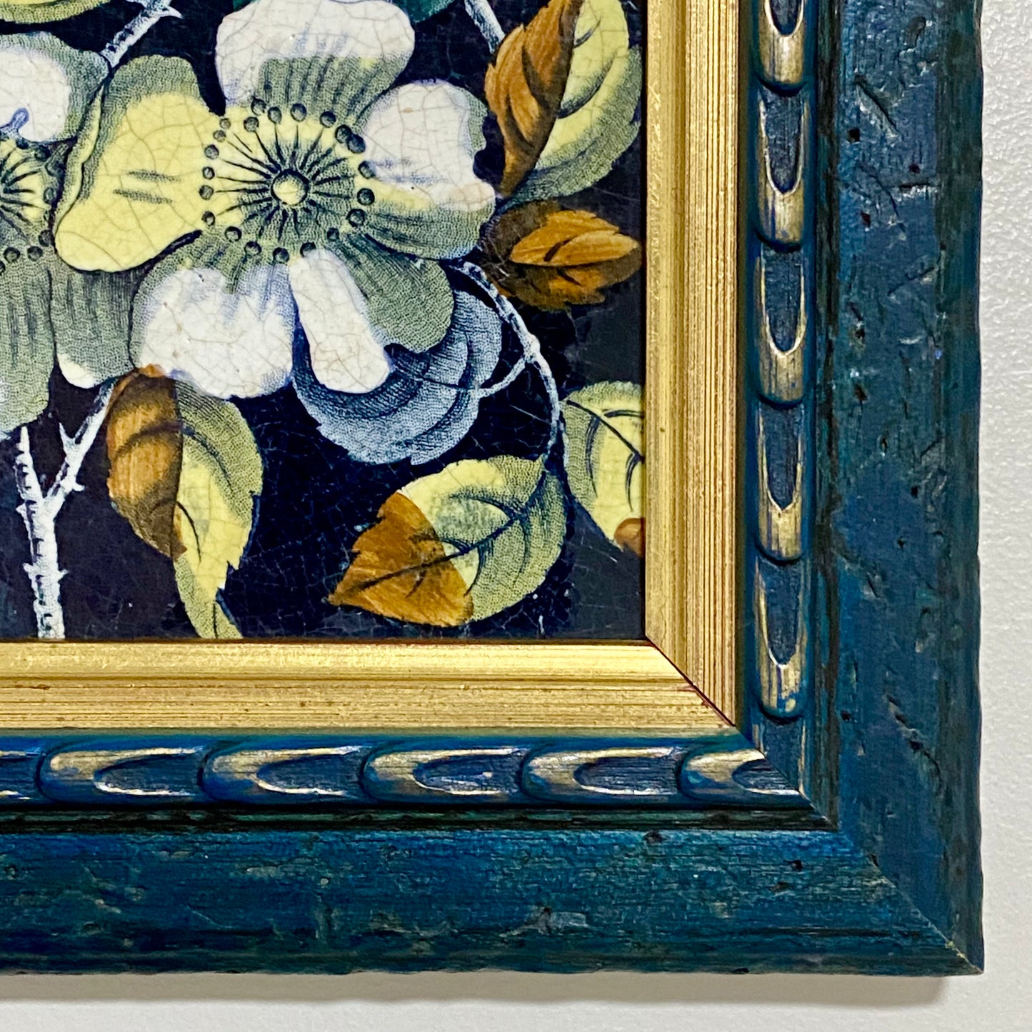 Antique Botanical Floral Flower Ceramic Tile Decorative Art Wooden Framed Rare