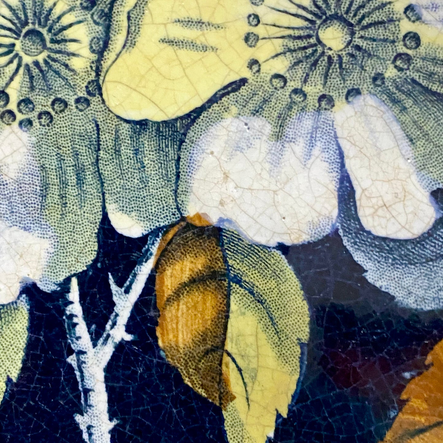 Antique Botanical Floral Flower Ceramic Tile Decorative Art Wooden Framed Rare