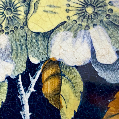 Antique Botanical Floral Flower Ceramic Tile Decorative Art Wooden Framed Rare
