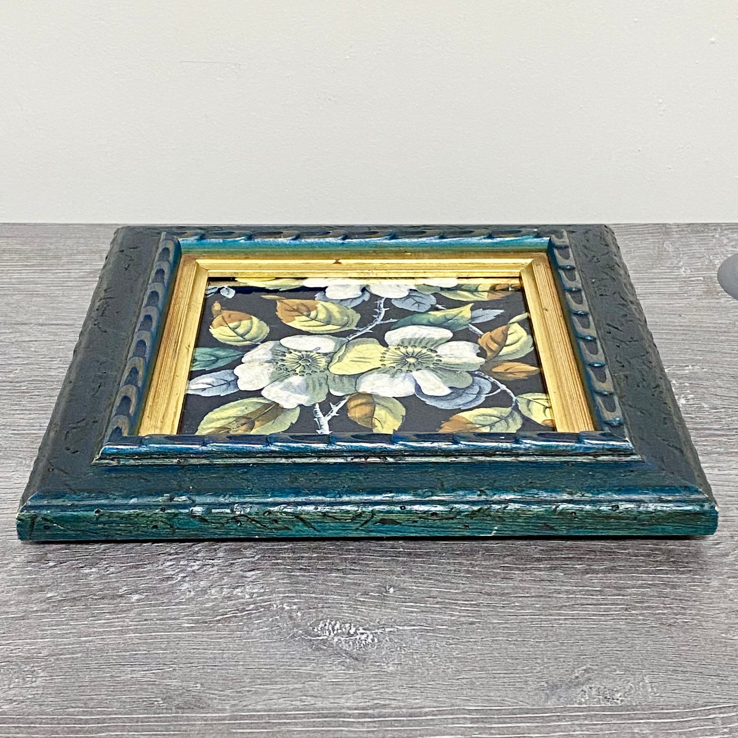 Antique Botanical Floral Flower Ceramic Tile Decorative Art Wooden Framed Rare