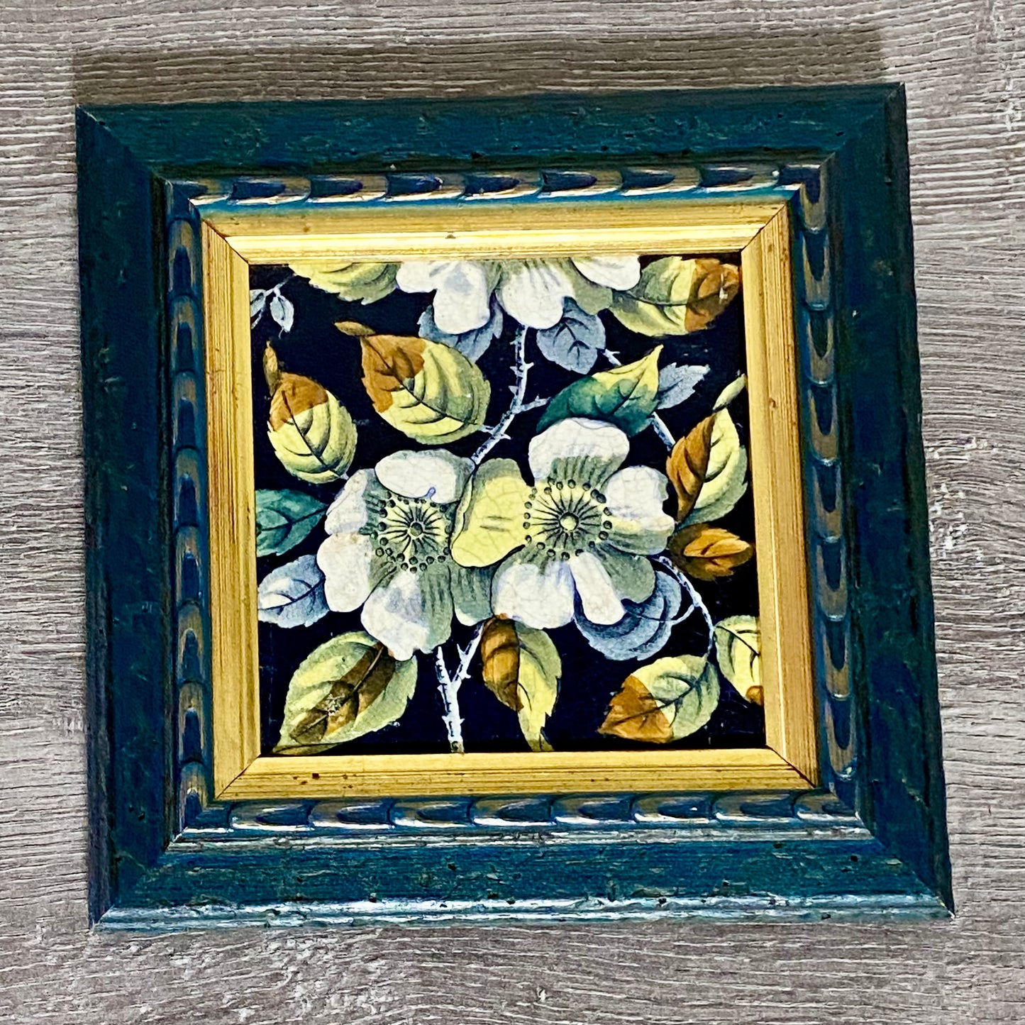 Antique Botanical Floral Flower Ceramic Tile Decorative Art Wooden Framed Rare