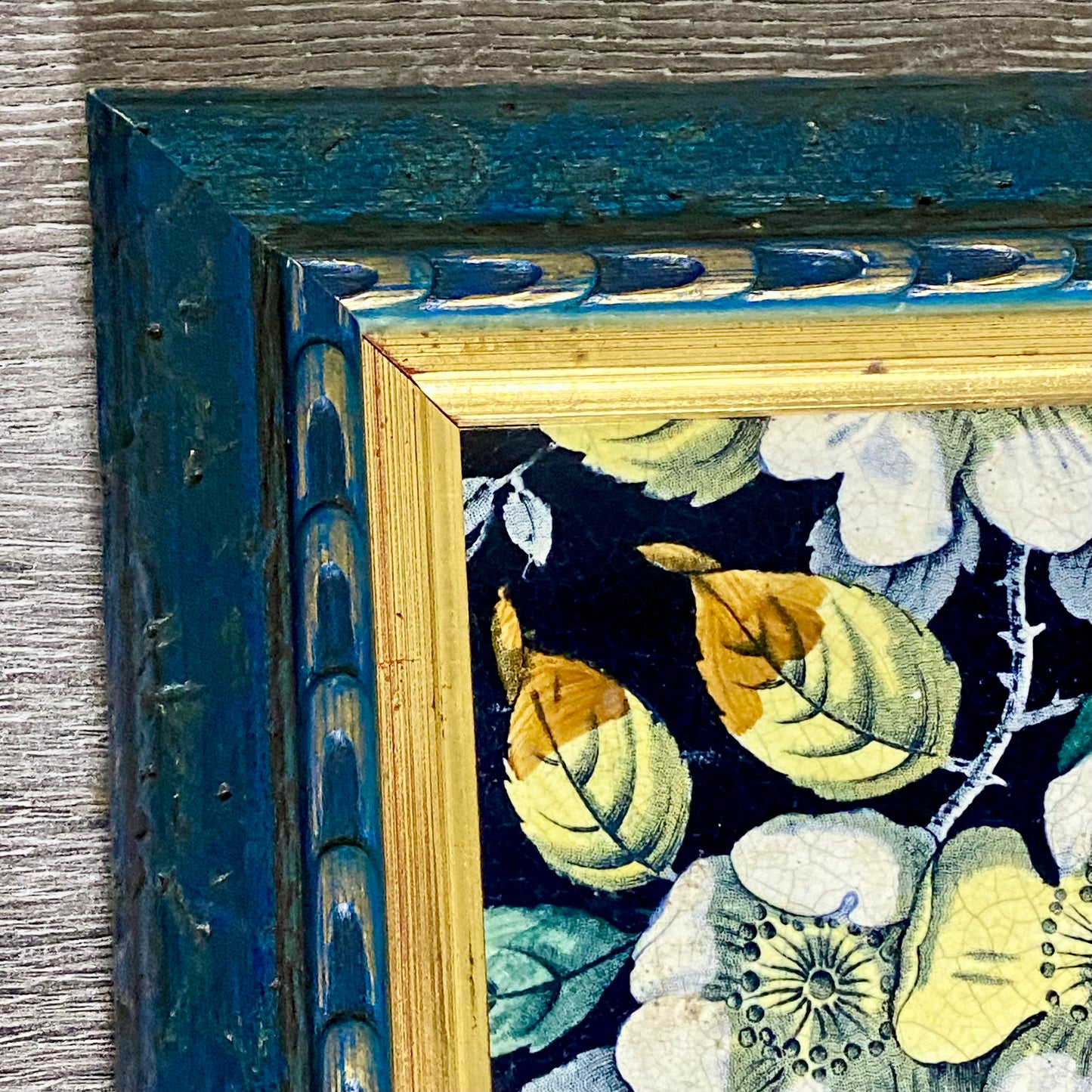 Antique Botanical Floral Flower Ceramic Tile Decorative Art Wooden Framed Rare