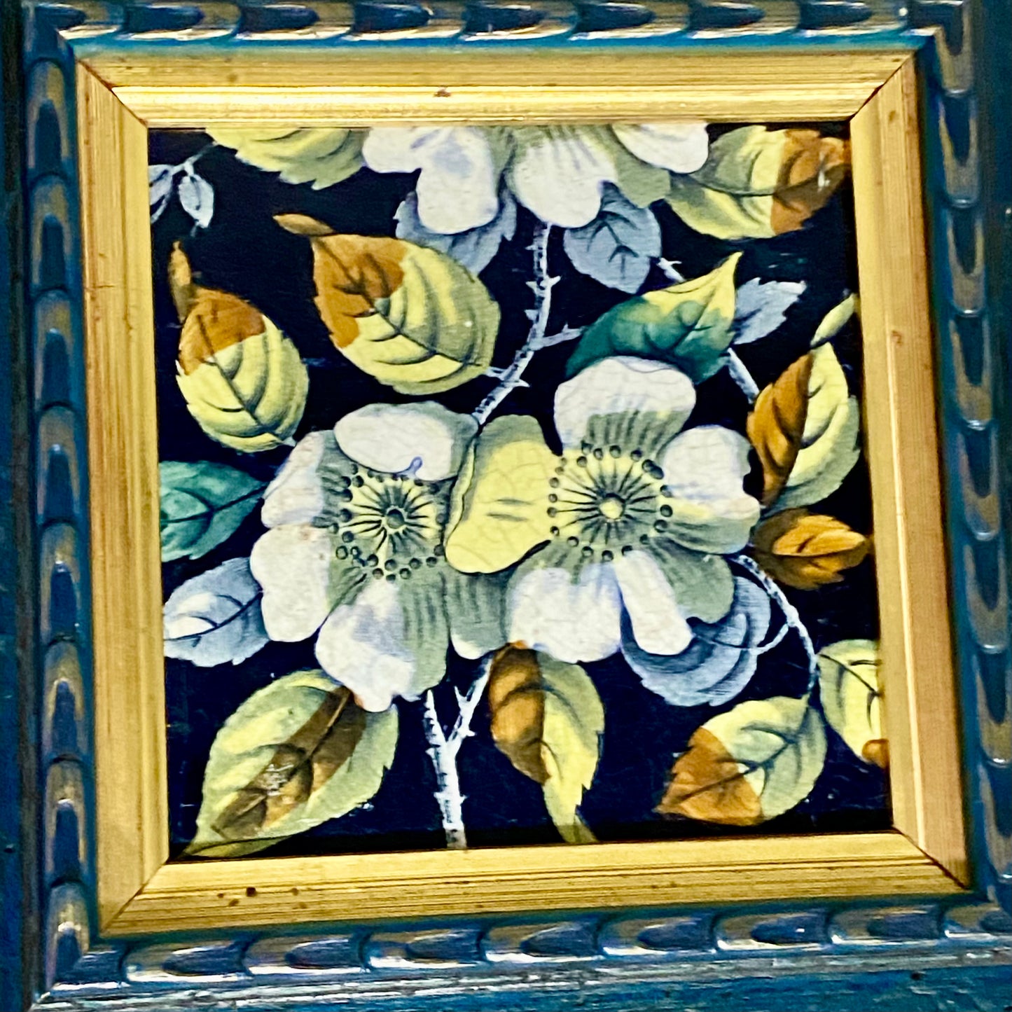 Antique Botanical Floral Flower Ceramic Tile Decorative Art Wooden Framed Rare