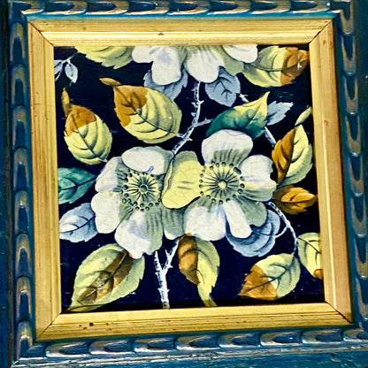 Antique Botanical Floral Flower Ceramic Tile Decorative Art Wooden Framed Rare