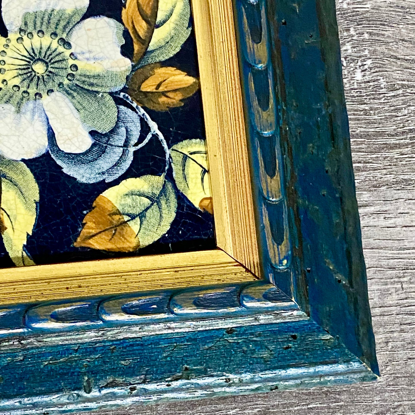 Antique Botanical Floral Flower Ceramic Tile Decorative Art Wooden Framed Rare