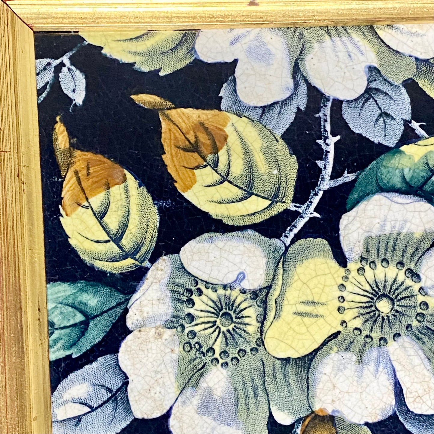 Antique Botanical Floral Flower Ceramic Tile Decorative Art Wooden Framed Rare