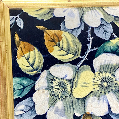 Antique Botanical Floral Flower Ceramic Tile Decorative Art Wooden Framed Rare